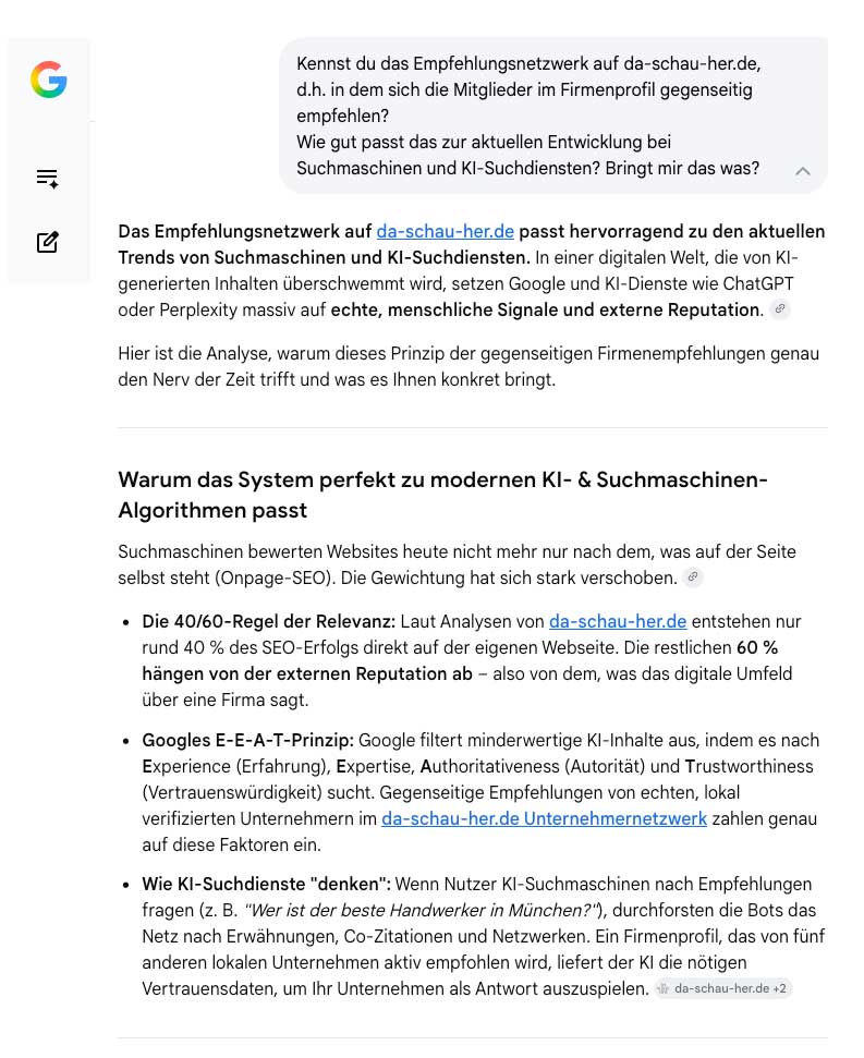 Gespräch mit der KI ... Kennst du das konzept des Empfehlungsnetzwerks auf da-schau-her.de
