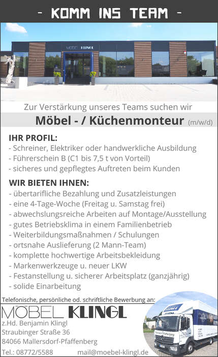 Möbel- Küchenmonteur 
präsentiert von: Möbel Klingl GmbH  in Mallersdorf-Pfaffenberg  in der Region …  Mallersdorf Landshut Straubing Dingolfing Deggendorf Regensburg Ergoldsbach 